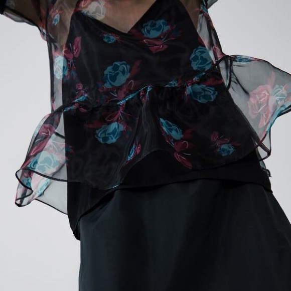 Zara PRINTED ROSE ORGANZA SEMI-SHEER BLOUSE PEPLUM - Picture 6 of 8
